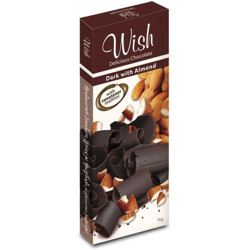 Wish Delicious Dark Chocolate with Almond Αυθεντική Σοκολάτα Υγείας Αμυγδάλου Χωρίς Προσθήκη Ζάχαρης 75g